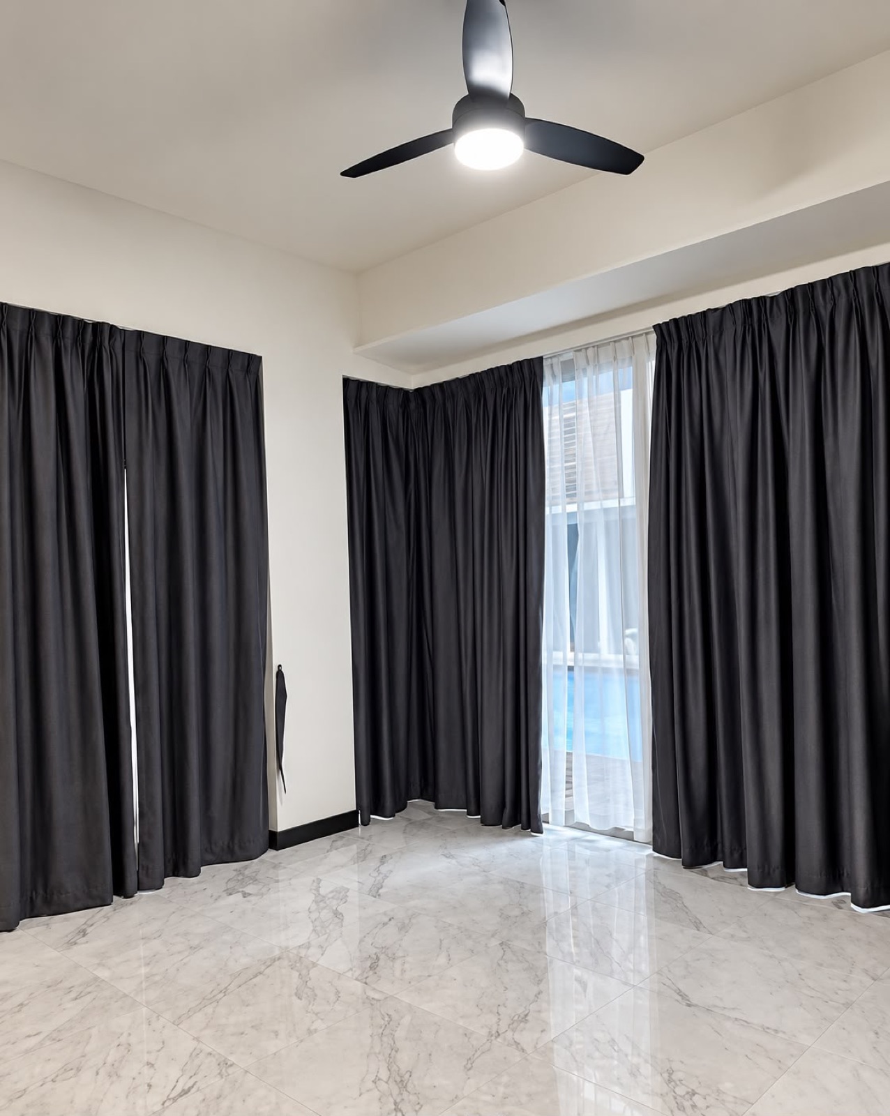 Curtains & marble floor — real Kin & Klean job